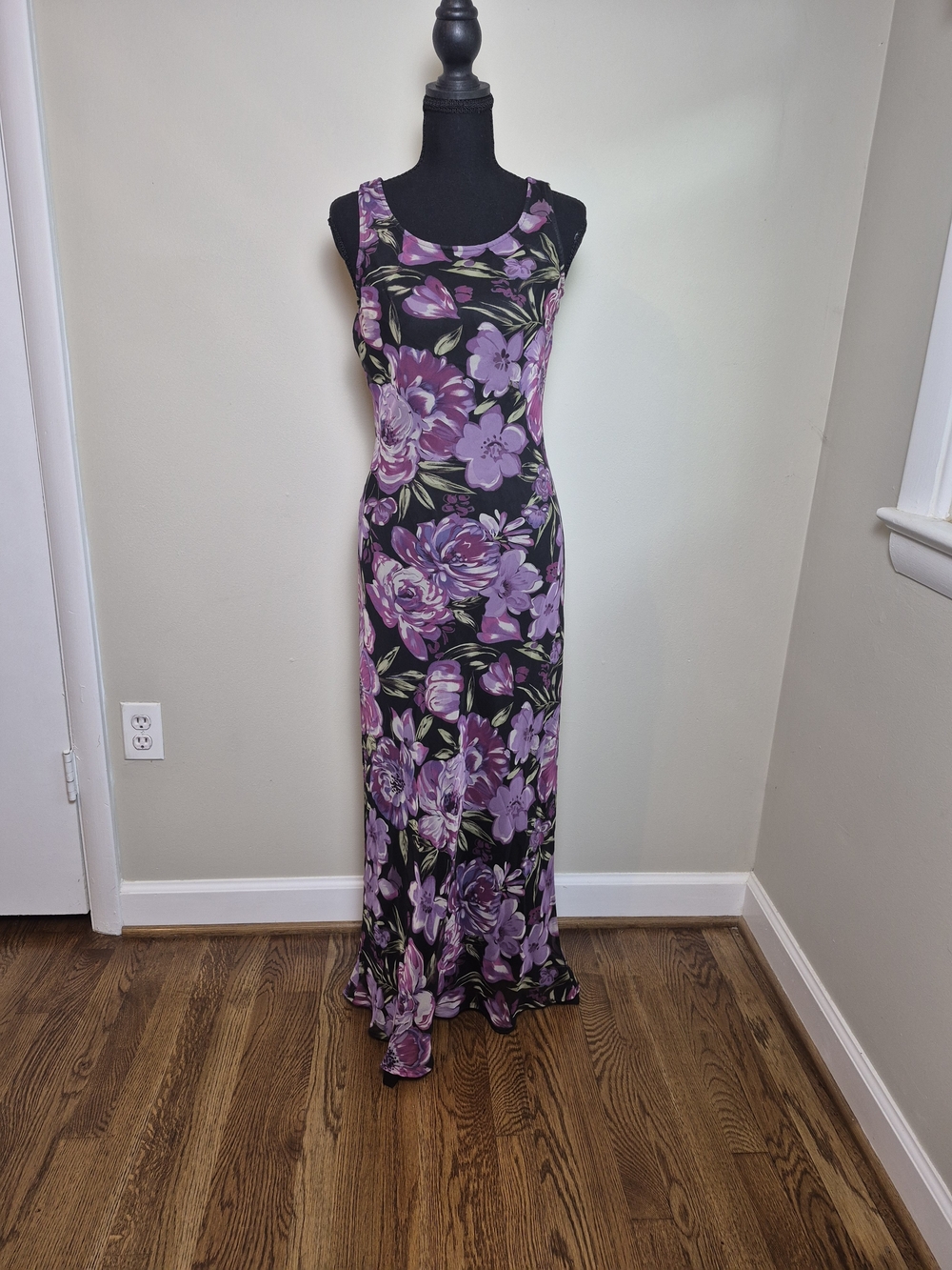 Sleeveless Black & Purple Floral Maxi Dress